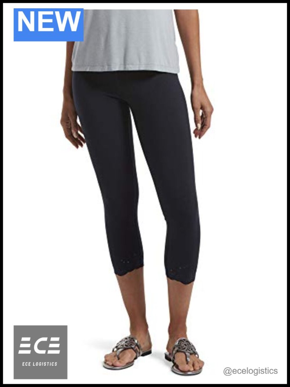 Embroidered Hem Cotton Capri Leggings Pull On Cropped Casual Yoga